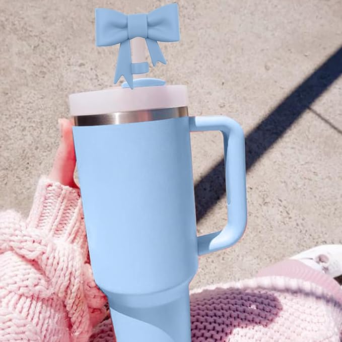 4Pcs Silicone Straw Toppers Covers for Stanley Cups 40/30oz 10mm(0.4in) Dust-Proof Bow Straw Covers Toppers Suitbale for Stanley Cup Accessories Reusable Straws Caps (Mist Blue)
