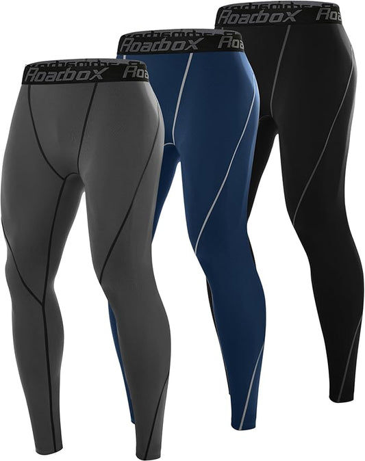 Roadbox 3 Pack Compression Pants Men, Performance Running Workout Sports Leggings, Gym Basketball Athletic Tights Base Layer