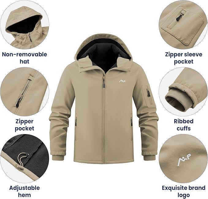 WULFUL Men's Lightweight Softshell Jacket Warm Fleece Lined Windbreaker Waterproof Soft Shell for Outdoor Hiking