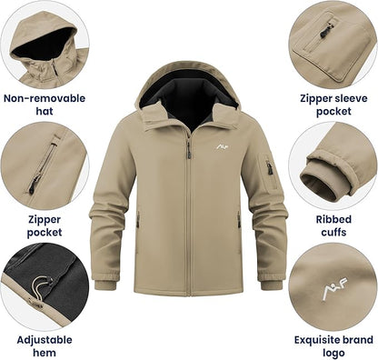 WULFUL Men's Lightweight Softshell Jacket Warm Fleece Lined Windbreaker Waterproof Soft Shell for Outdoor Hiking