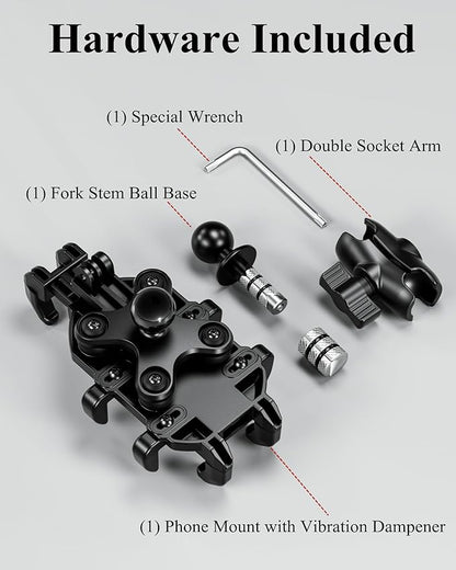 BRCOVAN Motorcycle Fork Stem Phone Mount Holder with Vibration Dampener, Heavy Duty Cellphone Cradle Fit Stem Tubes 12mm-25.4mm in Diameter, Adjustable for 5.4-6.9'' Smartphone