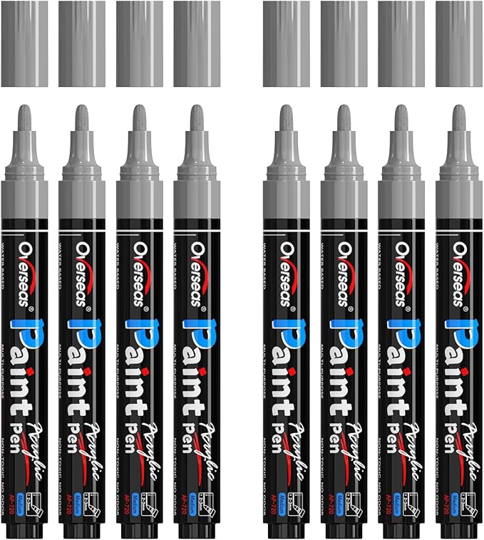 Overseas Silver Metallic Acrylic Paint Markers - 8 Pack Medium Tip Acrylic Paint Pens, Water Based, Quick Drying, Waterproof, Non Toxic Permanent Markers for Rock, Wood, Plastic, Metal, Canvas, Glass
