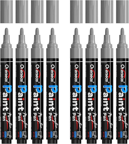 Overseas Silver Metallic Acrylic Paint Markers - 8 Pack Medium Tip Acrylic Paint Pens, Water Based, Quick Drying, Waterproof, Non Toxic Permanent Markers for Rock, Wood, Plastic, Metal, Canvas, Glass