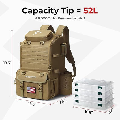 Piscifun 52L Fishing Tackle Backpack with Rod Holders & 4 Tackle Boxes, Large Tackle Bag for Gear Storage with Rain Cover