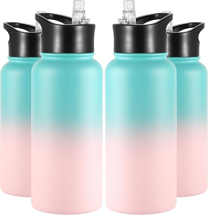 VEGOND 32 oz Insulated Water Bottle Bulk Stainless Steel Metal Water Bottles with Leak Proof Straw Lid & Spout Lid, Wide Mouth Double Walled Vacuum Travel Sports Bottle, 4 Pack