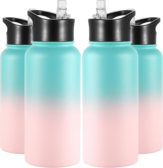 VEGOND 32 oz Insulated Water Bottle Bulk Stainless Steel Metal Water Bottles with Leak Proof Straw Lid & Spout Lid, Wide Mouth Double Walled Vacuum Travel Sports Bottle, 4 Pack