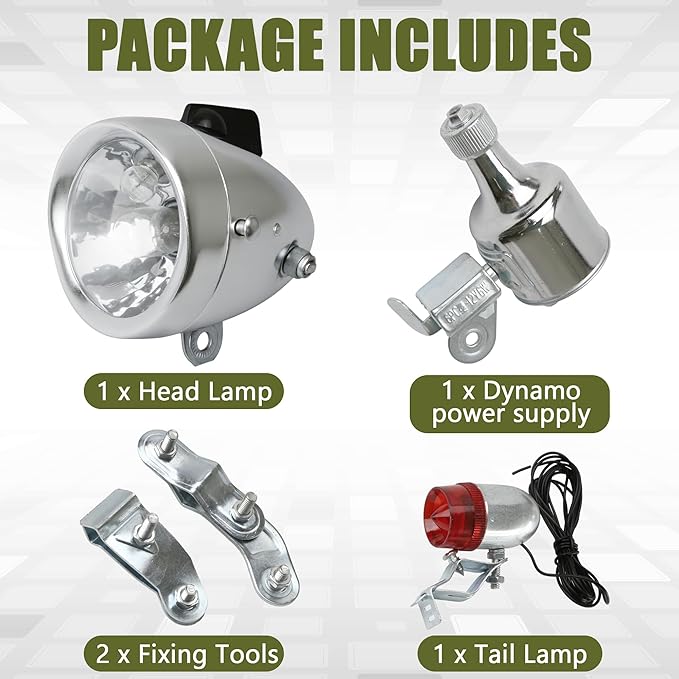 Dynamo Bike Light Kit Vintage Motorized Bicycle Friction 12V 6W Generator Headlight & Tail Light Lamp Retro Style Universal Set, Includes Lights & Parts