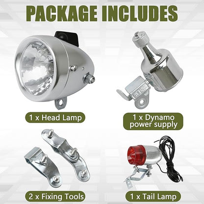 Dynamo Bike Light Kit Vintage Motorized Bicycle Friction 12V 6W Generator Headlight & Tail Light Lamp Retro Style Universal Set, Includes Lights & Parts