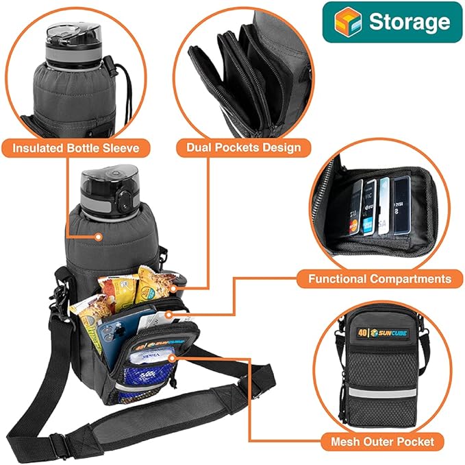 SUN CUBE Water Bottle Carrier with Strap, Insulated Water Bottle Carrier Bag with Phone Pocket Pouch, Sleeve Sling Purse Crossbody Bottle Holder for Walking, Sports, Hiking Accessories 40/64 oz