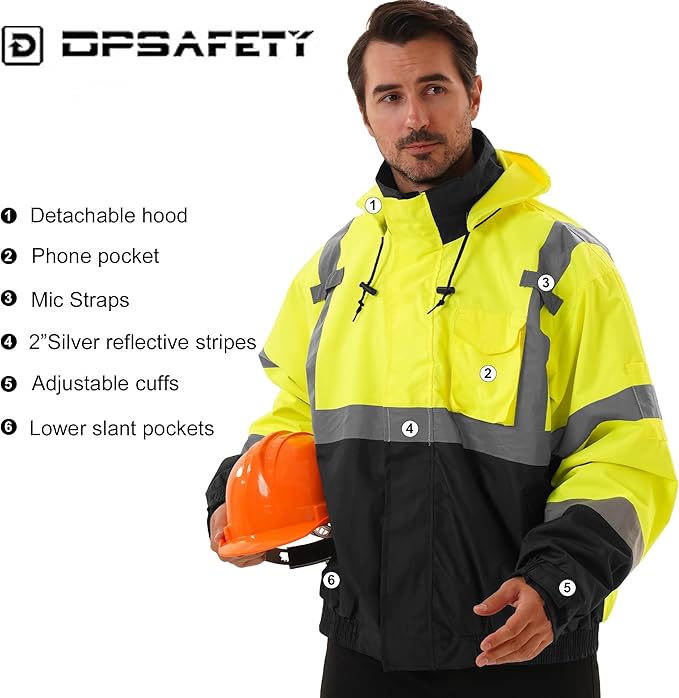 3 in 1 Safety jacket,Reflective high Visibility Hooded jacket,Hi Vis Bomber Jacket shell and fleece lining,Waterproof,ANSI Class 3 Black Bottom Lime,4XL