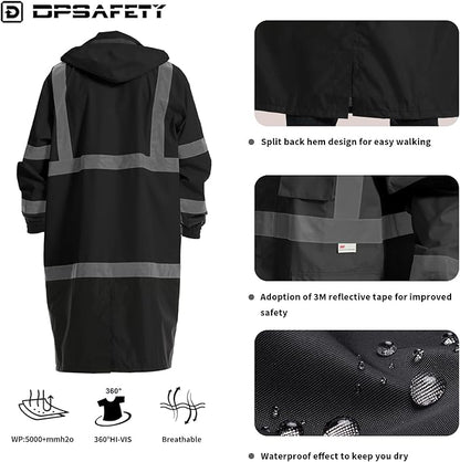 Hi Vis Rain Jacket with 3M Reflective Stripe,High Visibility Class 3 Rain coats,Safety Waterproof Rain Suits for Men with Hood and 2 Large Pockets construction work rain gear(Black 5XL)