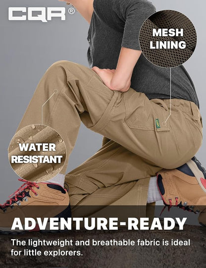 CQR Kids Youth Hiking Cargo Pants, UPF 50+ Quick Dry Convertible Zip Off Pants, Outdoor Camping Pants