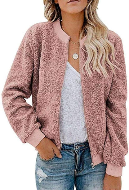 MIROL Women's Fall Trendy Fleece Jacket Faux Sherpa Fuzzy Casual Long Sleeve Zip Up Loose Fit Bomber Winter Coat
