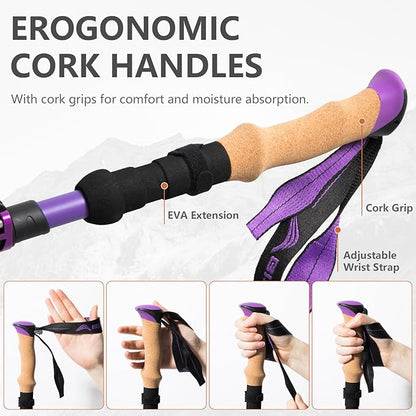 BISINNA Carbon Fiber Trekking Poles Collapsible Hiking Poles Lightweight Walking Sticks with Cork Handle Quick Lock for Women and Men 2pc