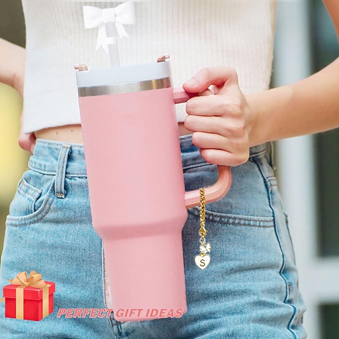 Bow for Stanley Straw Topper- 3pcs Cute Cup Bow Straw Cover Silicone Cap 10mm with 2pcs Initial Letter Charms Name Id Personalized Accessories 40/30 Oz Tumbler Water Bottle Cups White-O