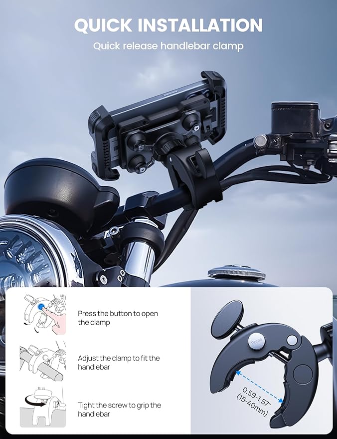 Lamicall Motorcycle Phone Mount Holder - [Dual Vibration Dampener] [Upgrade Handlebar Clip] Motorcycle Cell Phone Holder, Bike Phone Mount, Fit iPhone 16/15/14/13 Pro Max, 4.7-6.7" Phones, Black
