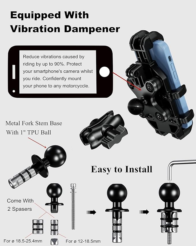 BRCOVAN Motorcycle Fork Stem Phone Mount Holder with Vibration Dampener, Heavy Duty Cellphone Cradle Fit Stem Tubes 12mm-25.4mm in Diameter, Adjustable for 5.4-6.9'' Smartphone