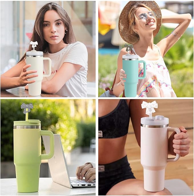 3 Pack Printed Bow Straw Toppers, Silicone 10mm/0.4In Reusable Dust-Proof Straw Cover Caps for Stanley Cup 30&40oz, Tumblers Accessories Gift (3 Colors B)