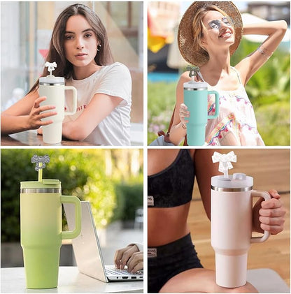 3 Pack Printed Bow Straw Toppers, Silicone 10mm/0.4In Reusable Dust-Proof Straw Cover Caps for Stanley Cup 30&40oz, Tumblers Accessories Gift (3 Colors B)