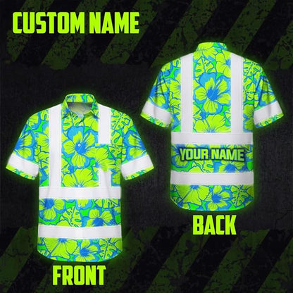 High Visibility Hawaiian Shirt for Men Tropical Shirts Custom Name Floral Outfit Reflective Safety Workwear