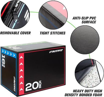 RitFit 3 in 1 Extra Firm Soft Plyo Box Foam Plyometric Box-30”x24”x20”-20"x18"x16" Heavy Duty High Density Foam Jumping Box 3 Sizes with PVC Cover,Platform for Home Gym Fitness, 440lb Weight Capacity