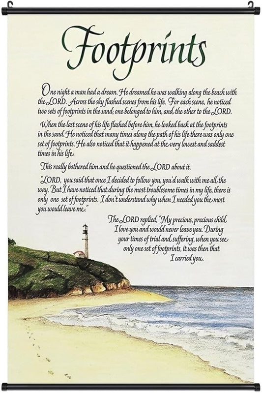 Footprints in the Sand Religious Canvas Wall Art Posters, Inspirational Beach Sunset Poem Print Poster (Black Axis 20x30inch, Footprints(5))
