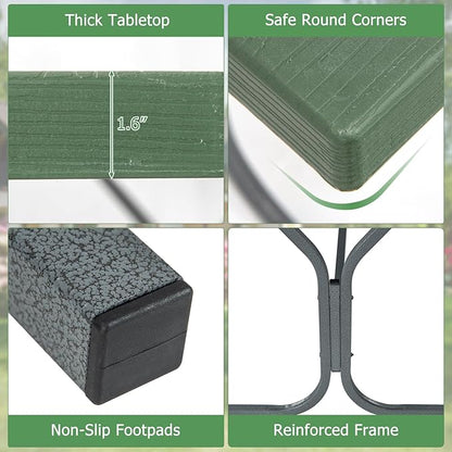 Tangkula 6 Ft Picnic Table with 2 Built-in Benches, Umbrella Hole, Metal Frame & HDPE Tabletop, 8-Person Large Table and Bench Set for Garden, Backyard, Patio (Green)