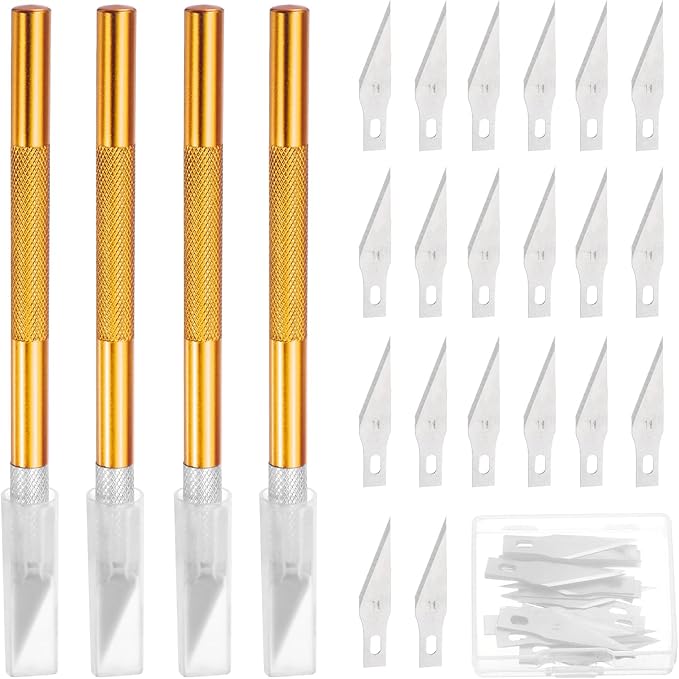 MECCANIXITY 4 Pcs Exacto Knife, Craft Hobby Knife with 40 Exacto Blades(#11) Profession Craft Knives for Crafting, Modeling, Scrapbooking (Gold Tone)