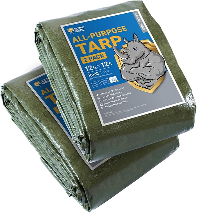 GUARD SHIELD Tarps Heavy Duty Waterproof 12x12 Feet Green Poly Tarp Cover Square Outdoor Thick UV Resistant Tarpaulin with Grommets 10mil (2-Pack)