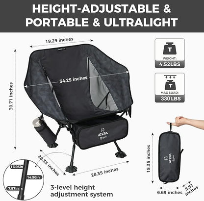 ATEPA UFO3.0 Backpacking Camping Chair, Ultralight Extra Wide Comfortable Folding Chairs 330lbs Heavy Duty Portable Hexagon Ergonomic Height Adjustable Seat with Anti-Sinking Feet for Hiking, Black