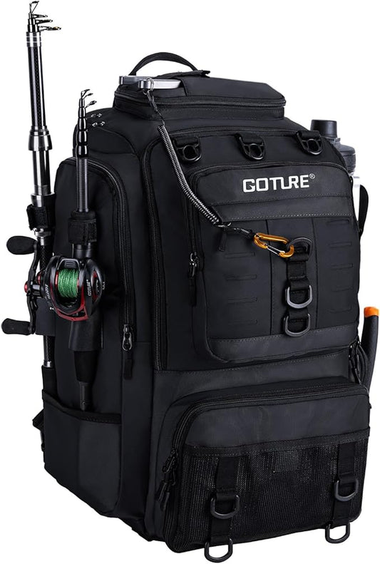 Goture 40L Fishing Tackle Backpack with Cooler and Removable Bait Binder, 900D Water-Resistant Tackle Backpack with 2 Rod Holders, Fishing Bag Storage Gear Tackle Bag with Rain Cover Black