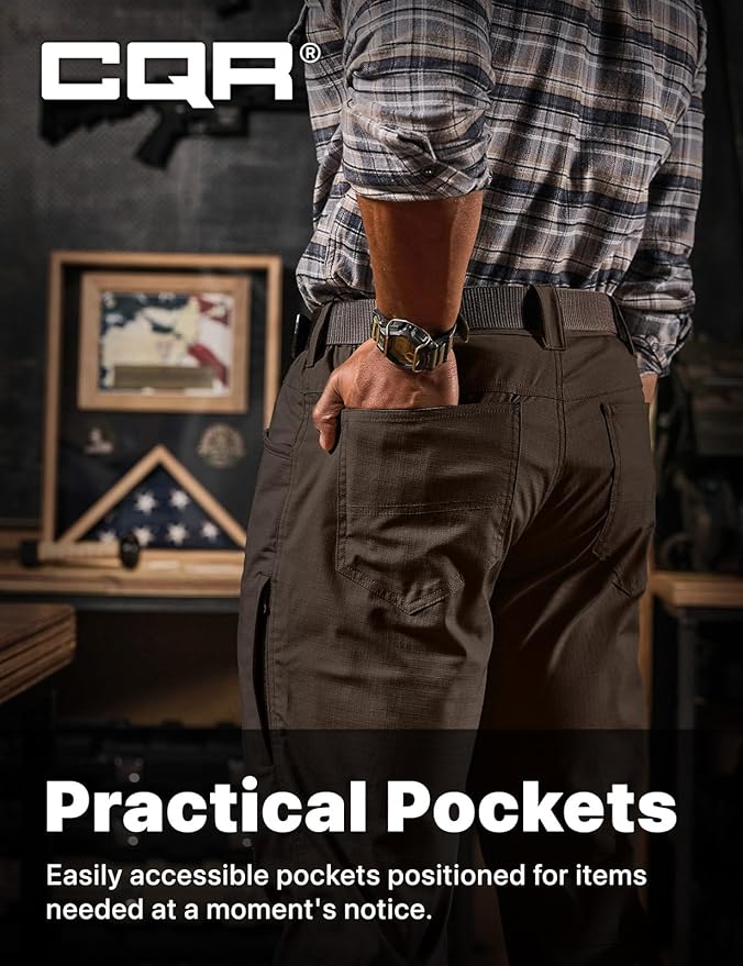 CQR Men's Flex Stretch Tactical Pants, Water Resistant Ripstop Cargo Pants, Lightweight EDC Outdoor Work Hiking Pants