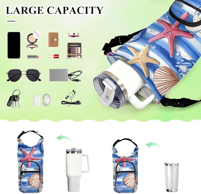 Blue Striped Starfishes Seashells Corals Water Bottle Holder with Strap Insulated Water Bottle Carrier Crossbody Bags Pouch with Phone Pocket for Travel Gym Hiking Walking Running