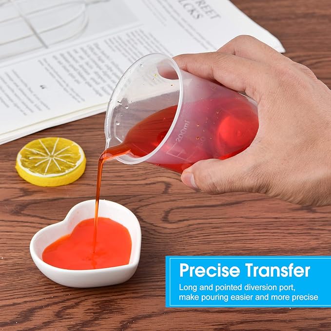 Coopay 12 Pack 200ml/6.8oz Plastic Beakers Epoxy Mixing Cups, Plastic Graduated Cups Clear Multipurpose Measuring Cups with 50 Pack Wooden Stirring Sticks for Resin, Epoxy, Stain, Mixing Paint