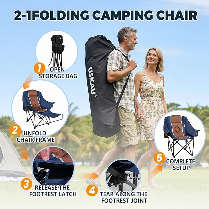 Camping Chair with Removable Footrest, Oversized Outdoor Chair with Headrest & Cup Holders, 400lb Capacity Lawn Chair for Sports Backyard Fishing