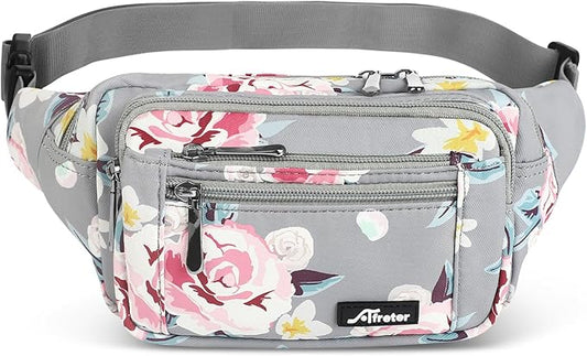 Waist Pack Bag Fanny Pack for Men&Women Hip Bum Bag with Adjustable Strap for Outdoors Workout Traveling Casual Running Hiking Cycling (New Grey Flowers)