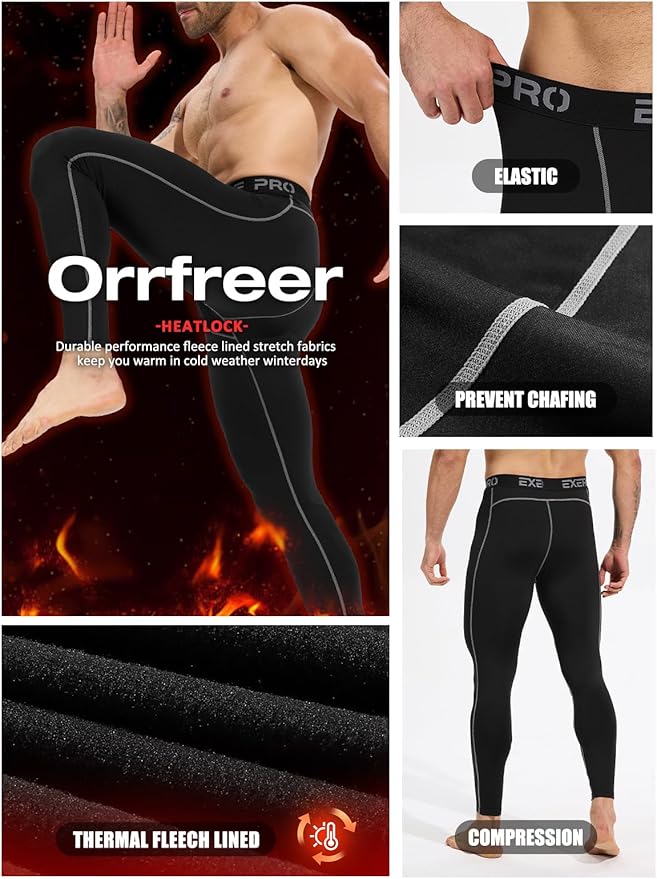 4 Pack Thermal Underwear Long Johns Fleece Base Layer Bottoms Thermal Leggings for Men Compression Pants