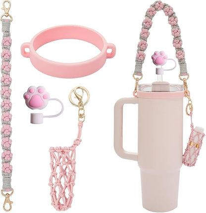 Outman Cup Accessories Set Water Bottle Holder Sling,Siliocne Straw Cover,Lipstick Holder Fits Most 16-40oz Water Bottles Compatible with Stanley Cup