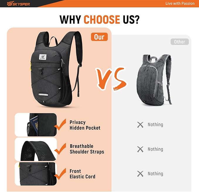 SKYSPER Foldable Hiking Backpack - 10L Small Lightweight Daypack Breathable Travel Backpacks for Men Women