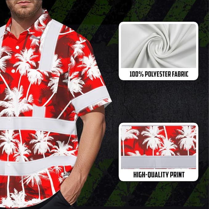 High Visibility Hawaiian Shirt for Men Tropical Shirts Custom Name Floral Outfit Reflective Safety Workwear