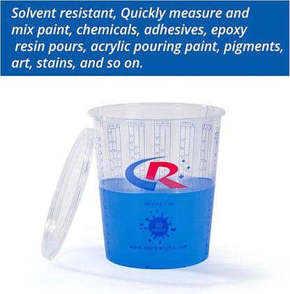 Paint Mixing Cup 40 Ounce, Accurate Measurements in Ratios and OZ. and ML, 100PCS Plastic Graduated Measuring Cups with 12PCS Lids for Paint, Resin, Epoxy, Acrylic, Pigments, Art