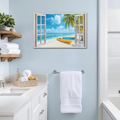 ANRUOXI Beach Wall Art, Window Frame Style Canvas Wall Decor Ocean, Blue Sea & Tropical Palm Tree Coasts Boats Canvas, Paradise Scenery Nature Landscape Painting for Living Room Office Home 28x40 Inch