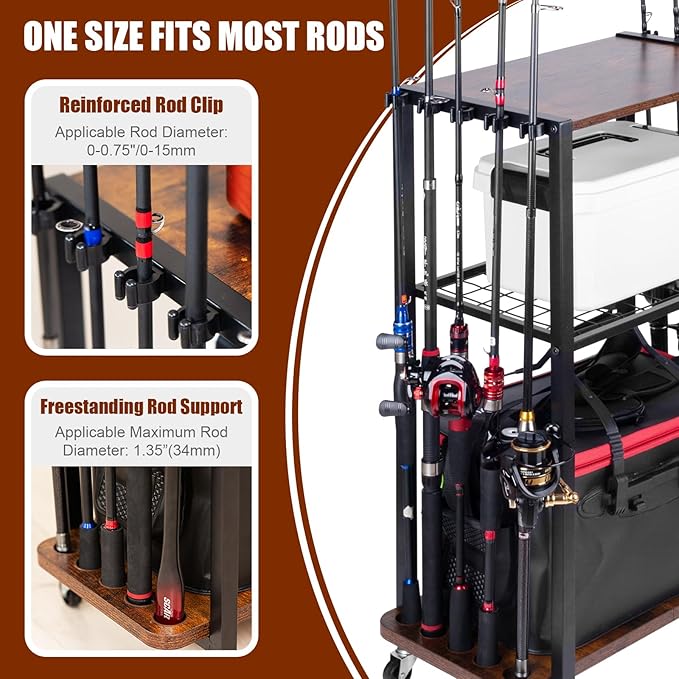Fishing Rod Holders for Garage, Fishing Gear Tackle Cart Fishing Pole Organizer, Fishing Gear Storage Racks Holds up to 10 Rods or Combos, Fits All Fishing Rods