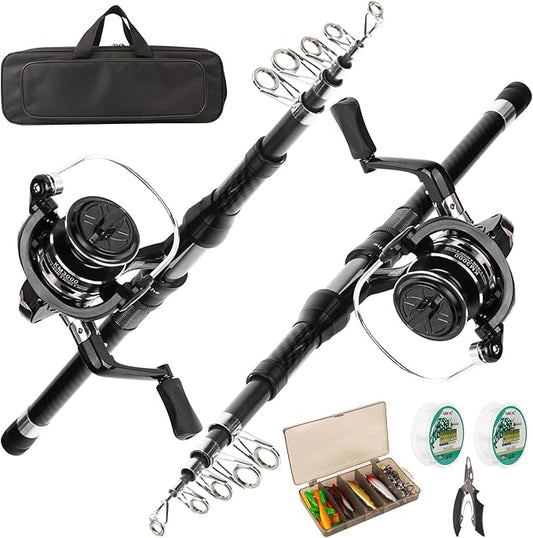 Fishing Rod Reel Combo - 2PCS 6.89ft Telescopic Fishing Poles 2PCS Spinning Reels Lures Set Fishing Pliers with Carrier Bag for Travel Saltwater Freshwater Gift Portable Fishing Pole Kit