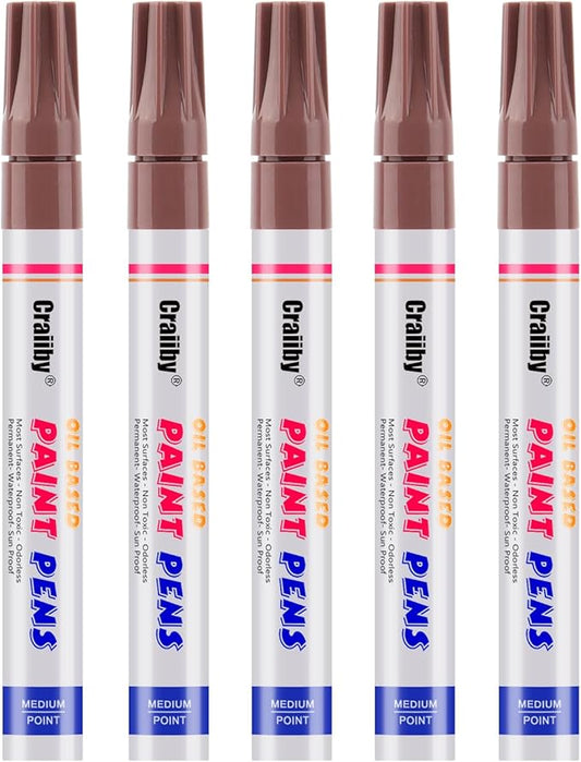 Brown Paint Markers, 5 Pack Oil-Based Waterproof Quick Dry Permanent Paint Pen Set for Rocks Painting, Wood, Fabric, Plastic, Canvas, Glass, Mugs, Metal, Tire, Stone, DIY Craft