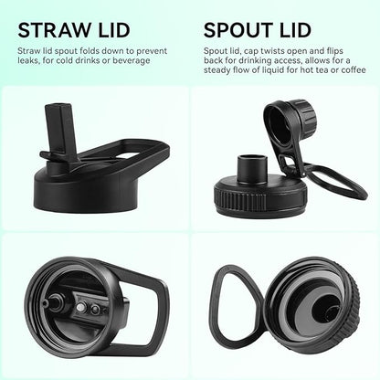 DOMICARE Insulated Water Bottle, 22 oz Vacuum Insulated Stainless Steel Reusable Sports Bottle with Straw Lid & Spout Lid for Travel, Camping, Bike, Leakproof, Black, 8 Pack