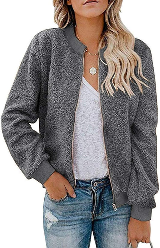 MIROL Women's Fall Trendy Fleece Jacket Faux Sherpa Fuzzy Casual Long Sleeve Zip Up Loose Fit Bomber Winter Coat