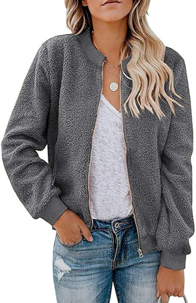 MIROL Women's Fall Trendy Fleece Jacket Faux Sherpa Fuzzy Casual Long Sleeve Zip Up Loose Fit Bomber Winter Coat