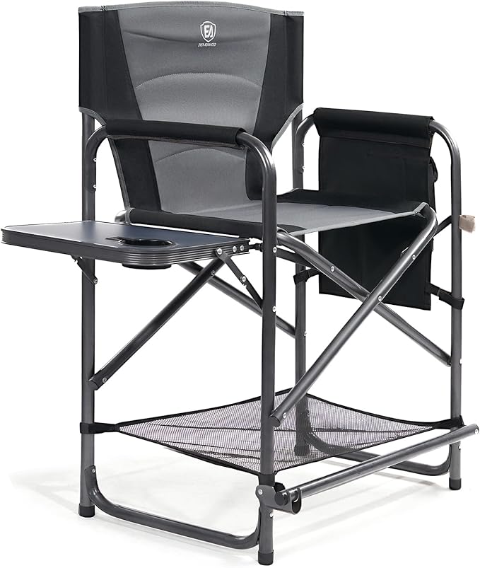 EVER ADVANCED Medium Tall Directors Chair Foldable Makeup Artist Chair Bar Height with Side Table Cup Holder and Pocket Footrest, Supports 400LBS (Grey, Seat Height: 23.2 inches)