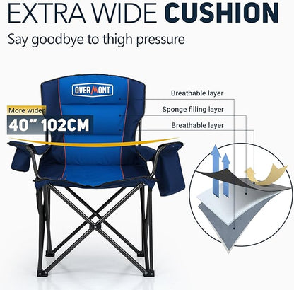 Overmont Oversized Folding Camping Chair - 450lbs Support with Padded Cushion Cooler Pockets - Heavy Duty Collapsible Chairs for Sports Garden Beach Fishing